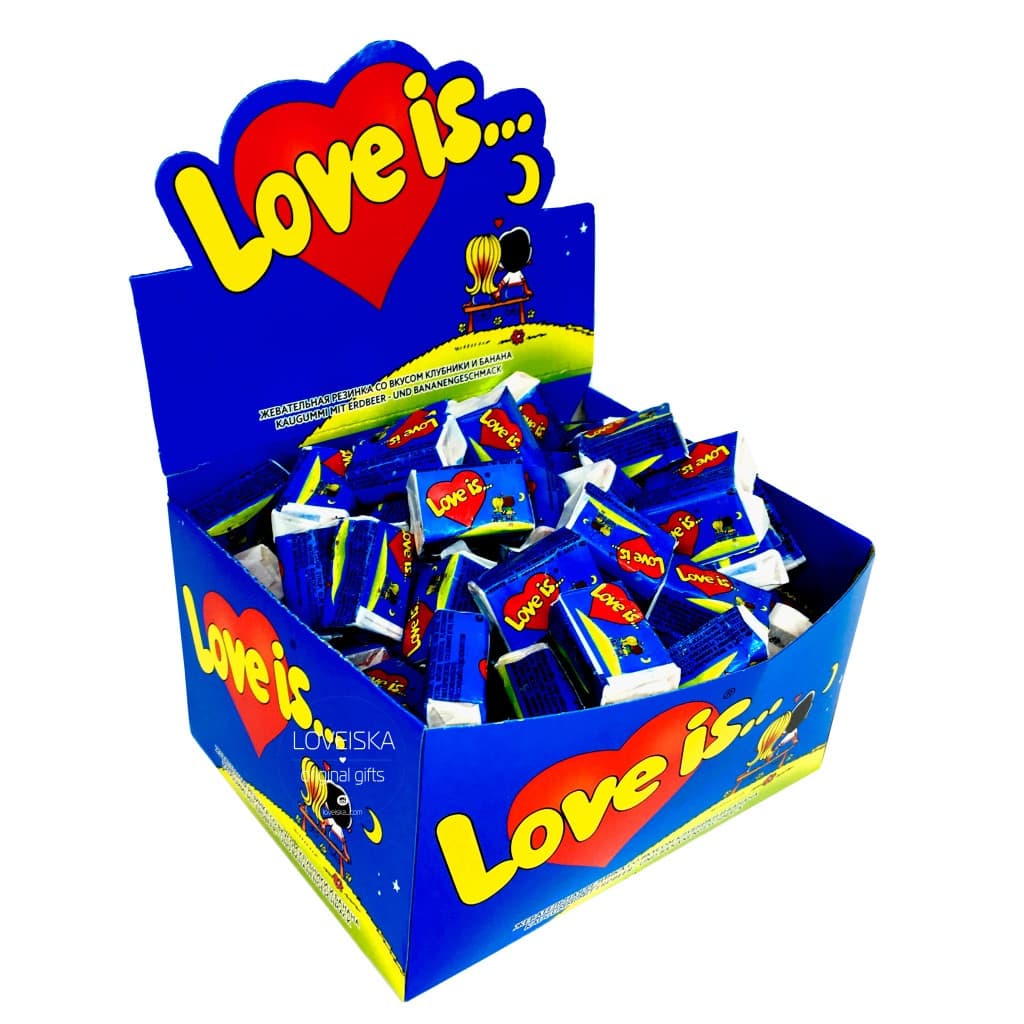 Упаковка жувальної гумки Love is ... Банан-Клубника 100 шт жуйка синя (0000015)
